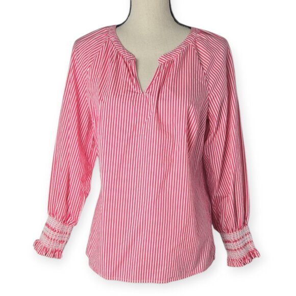 Talbots Pink Butterfly Striped Raglan Popover Top Medium Petite - Picture 2 of 8